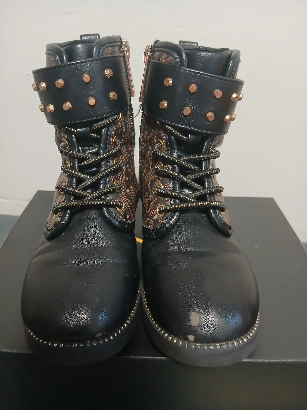 Michael Kors Girls' Black and Brown Logo Combat Boots